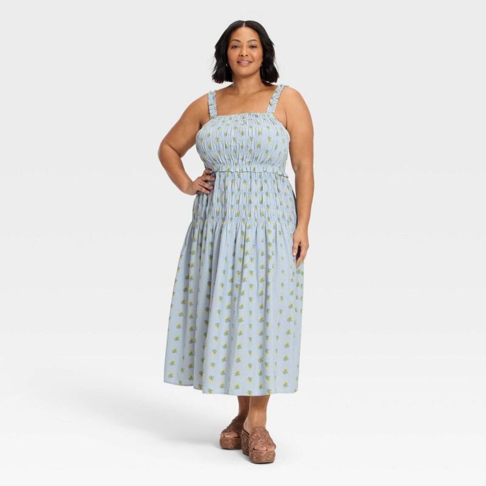 Women's Smocked Maxi A-Line Dress - Universal Thread Blue Floral 3X